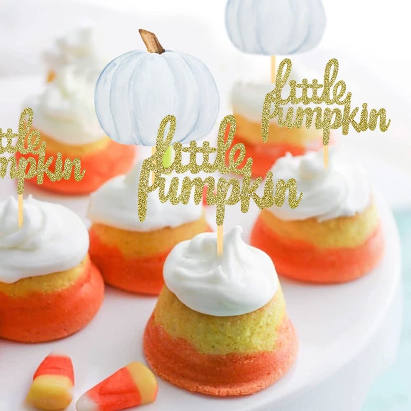 Aukolass Little Pumpkin Cupcake Toppers  Thanksgiving Birthday Baby Shower Fall Theme Party Decorations Gender Reveal Supplies - Set of 24 (blue) - Image 2