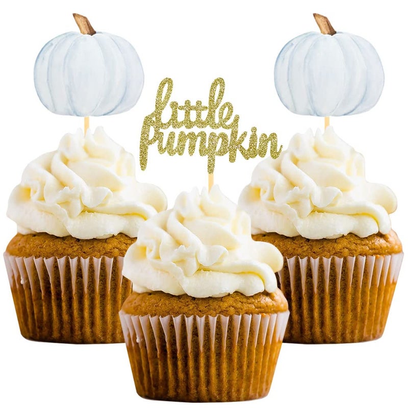 Aukolass Little Pumpkin Cupcake Toppers  Thanksgiving Birthday Baby Shower Fall Theme Party Decorations Gender Reveal Supplies - Set of 24 (blue) - Image 1