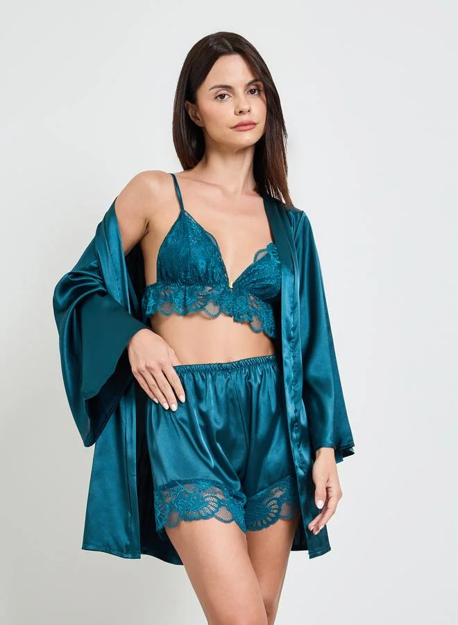 Take Two Teal Pack Of 3 - Lace Bralette, Shorts And Robe