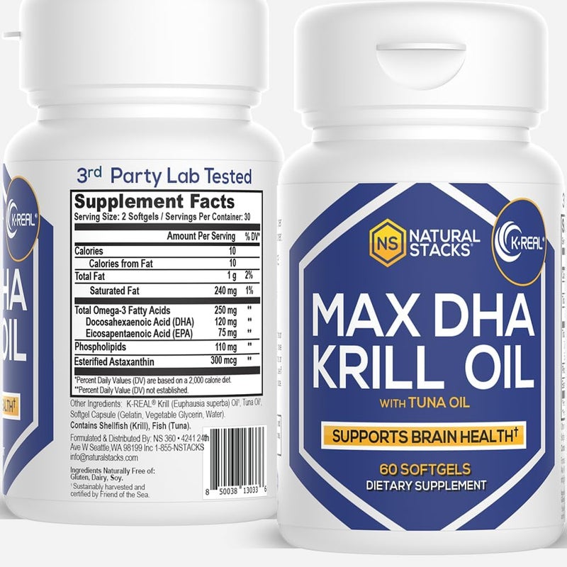 Natural Stacks Antarctic Krill Oil Supplement  DHA EPA Omega 3 Supplement with Antioxidant Astaxanthin  Omega 3 Fish Oil to Support Brain Heart  Joint Health  60 Krill Oil SoftGels - Image 1
