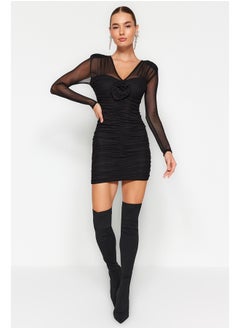 Black Draped Rose Tulle Elegant Evening Dress TPRAW24EL00127
