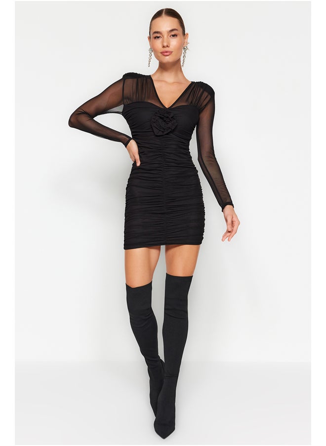 trendyol - Black Draped Rose Tulle Elegant Evening Dress TPRAW24EL00127 - Image 1