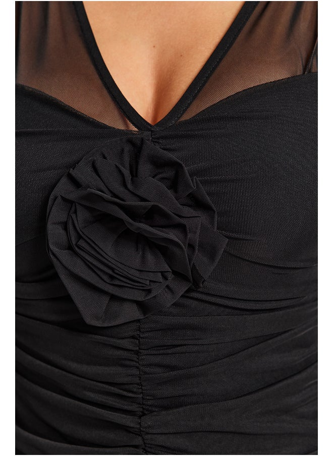 trendyol - Black Draped Rose Tulle Elegant Evening Dress TPRAW24EL00127 - Image 1