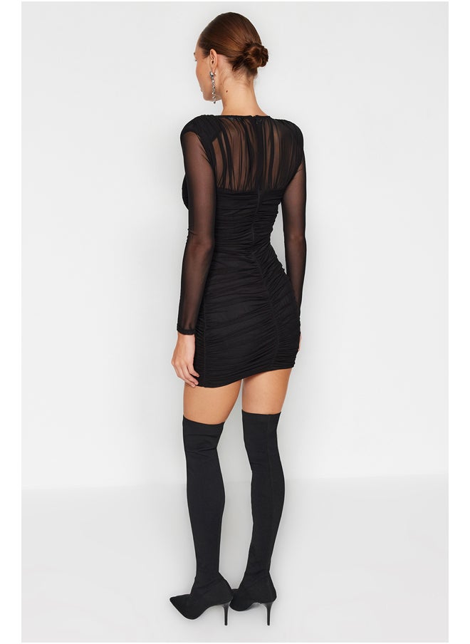 trendyol - Black Draped Rose Tulle Elegant Evening Dress TPRAW24EL00127 - Image 1