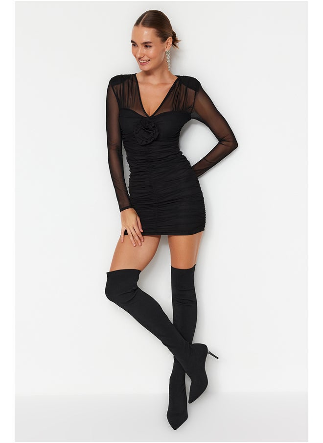 trendyol - Black Draped Rose Tulle Elegant Evening Dress TPRAW24EL00127 - Image 1