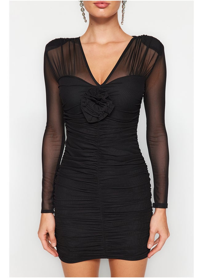 trendyol - Black Draped Rose Tulle Elegant Evening Dress TPRAW24EL00127 - Image 1