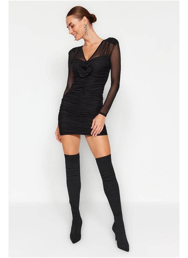 trendyol - Black Draped Rose Tulle Elegant Evening Dress TPRAW24EL00127 - Image 1