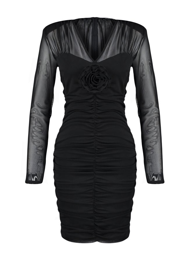 trendyol - Black Draped Rose Tulle Elegant Evening Dress TPRAW24EL00127 - Image 1