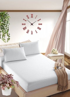 Blueberry White Cotton King Striped Fitted Elastic Bedsheet Set 200x200+20cm  - Image 1