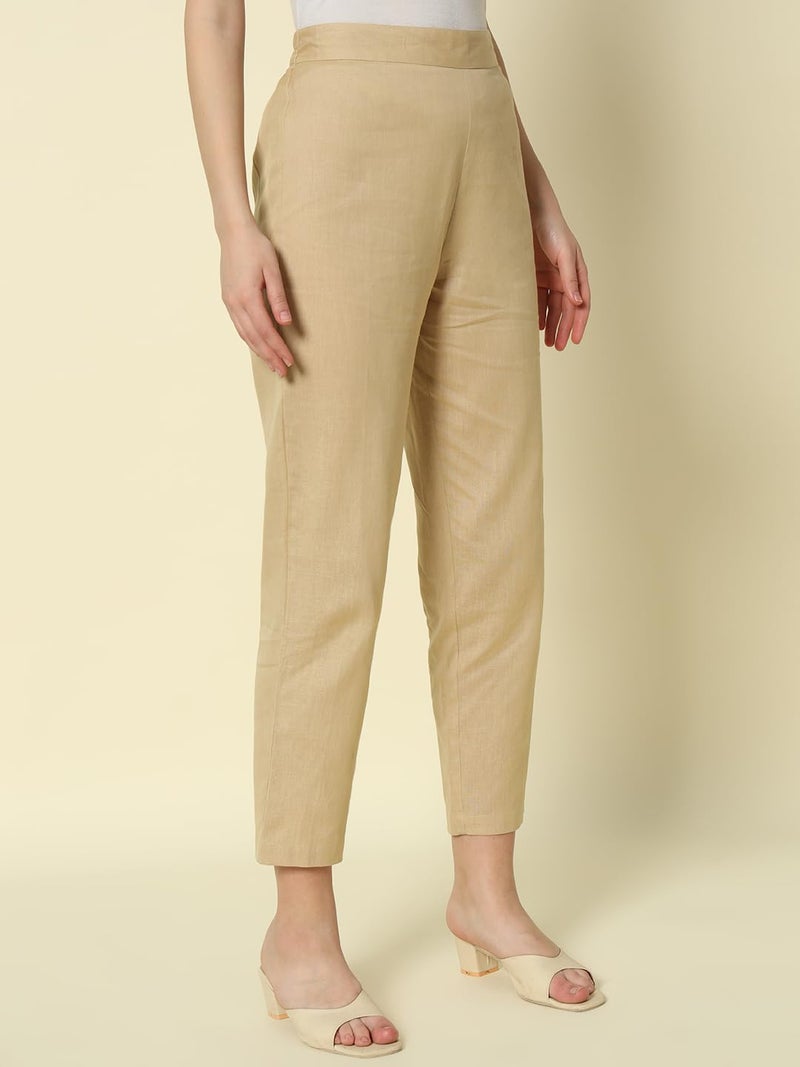 FIORRA Women's Beige Cotton Solid Pant BTM006 - Image 3