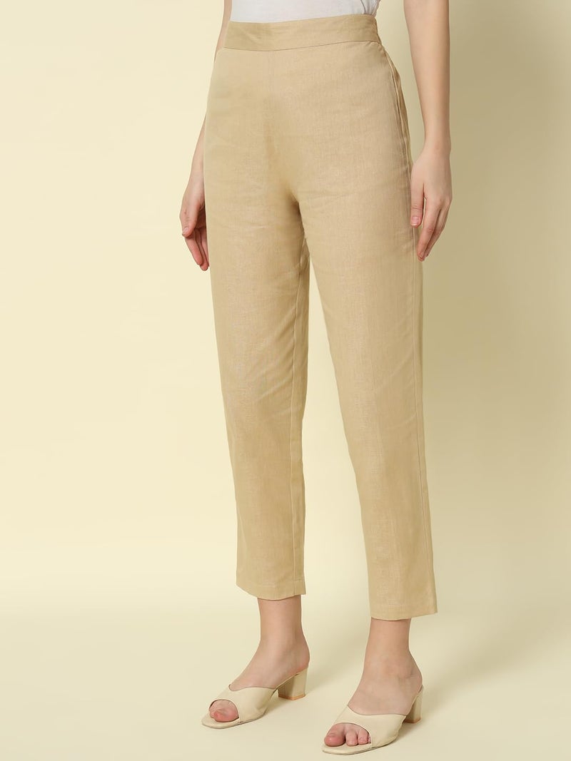 FIORRA Women's Beige Cotton Solid Pant BTM006 - Image 4