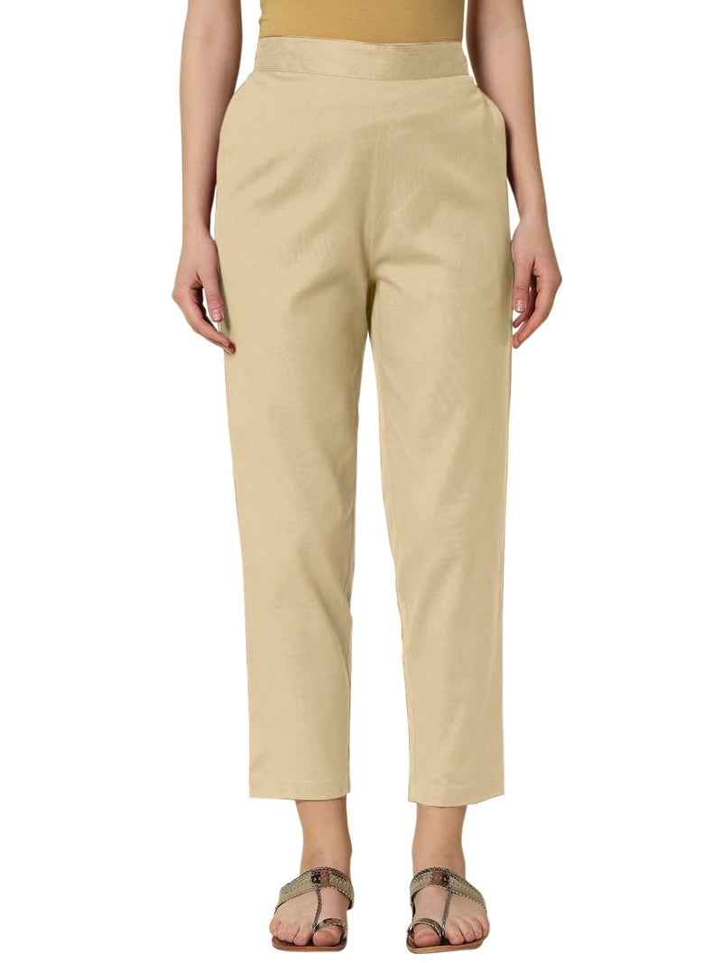 FIORRA Women's Beige Cotton Solid Pant BTM006 - Image 1