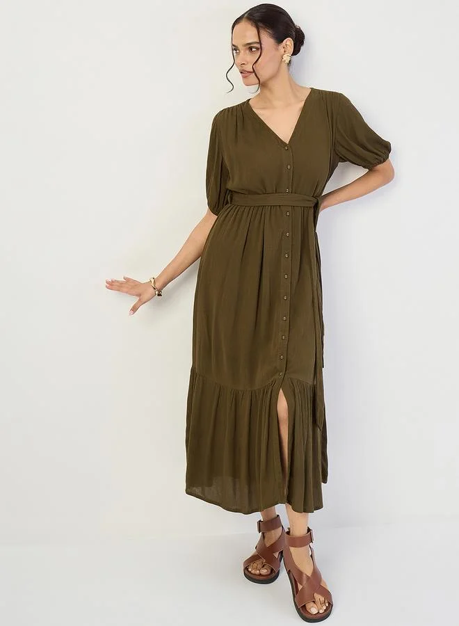 Femmella  Women Olive Crinkled V-Neck Maxi Dress for Women | Best Price UAE