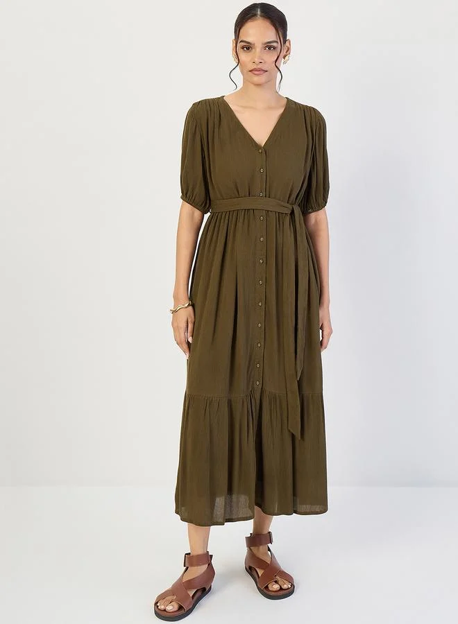 Femmella  Women Olive Crinkled V-Neck Maxi Dress for Women | Best Price UAE