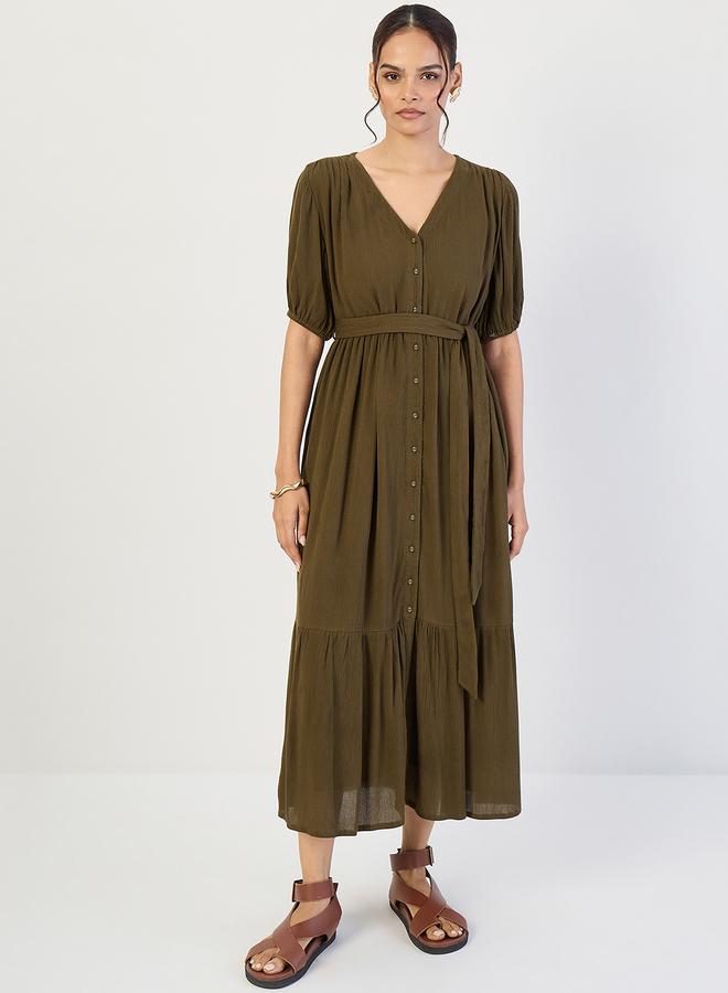 Femmella Women Olive Crinkled V-Neck Maxi Dress - Image 4