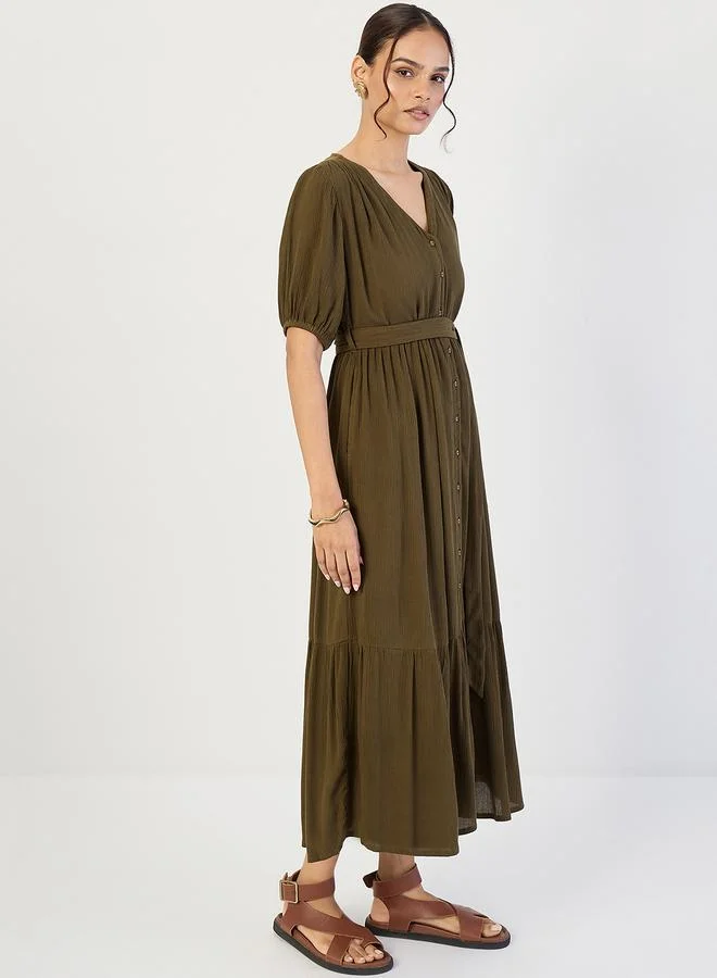 Femmella  Women Olive Crinkled V-Neck Maxi Dress for Women | Best Price UAE