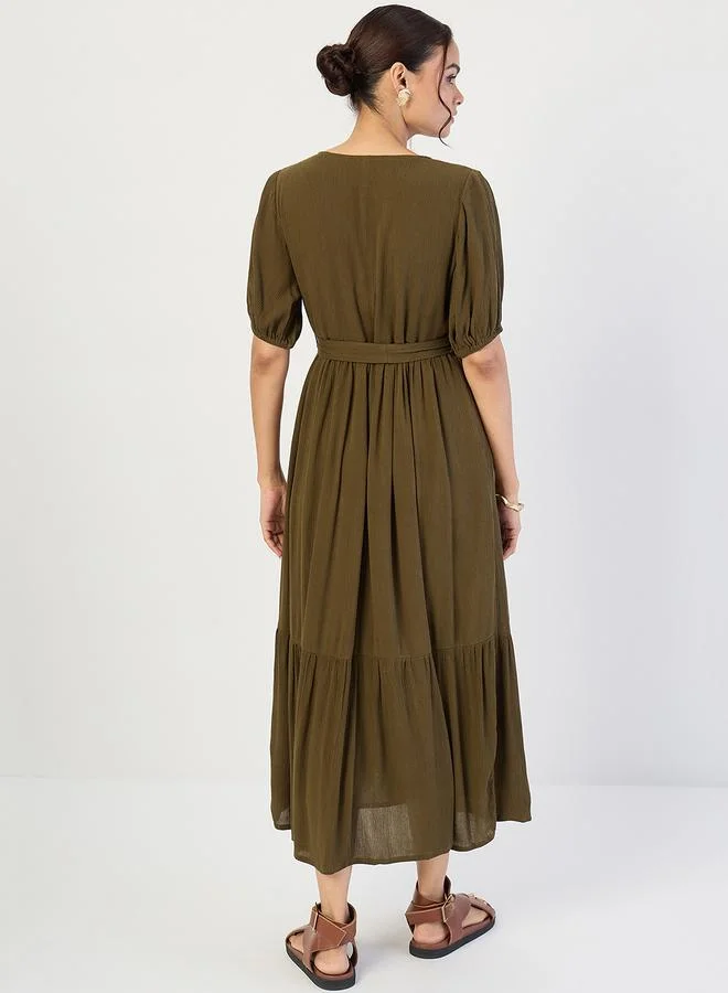 Femmella Women Olive Crinkled V-Neck Maxi Dress