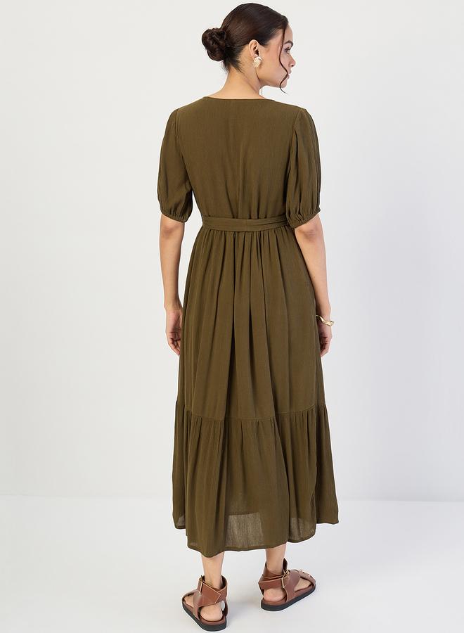 Femmella Women Olive Crinkled V-Neck Maxi Dress - Image 2