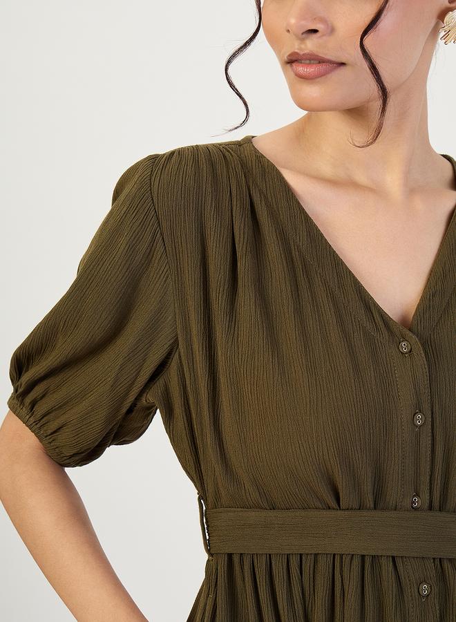 Femmella Women Olive Crinkled V-Neck Maxi Dress - Image 1