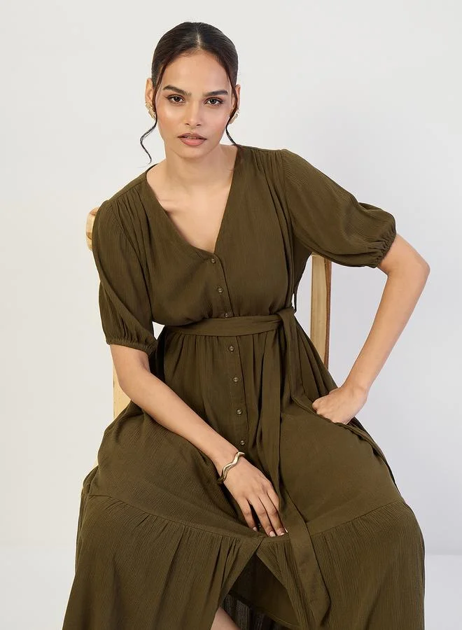 Femmella  Women Olive Crinkled V-Neck Maxi Dress for Women | Best Price UAE