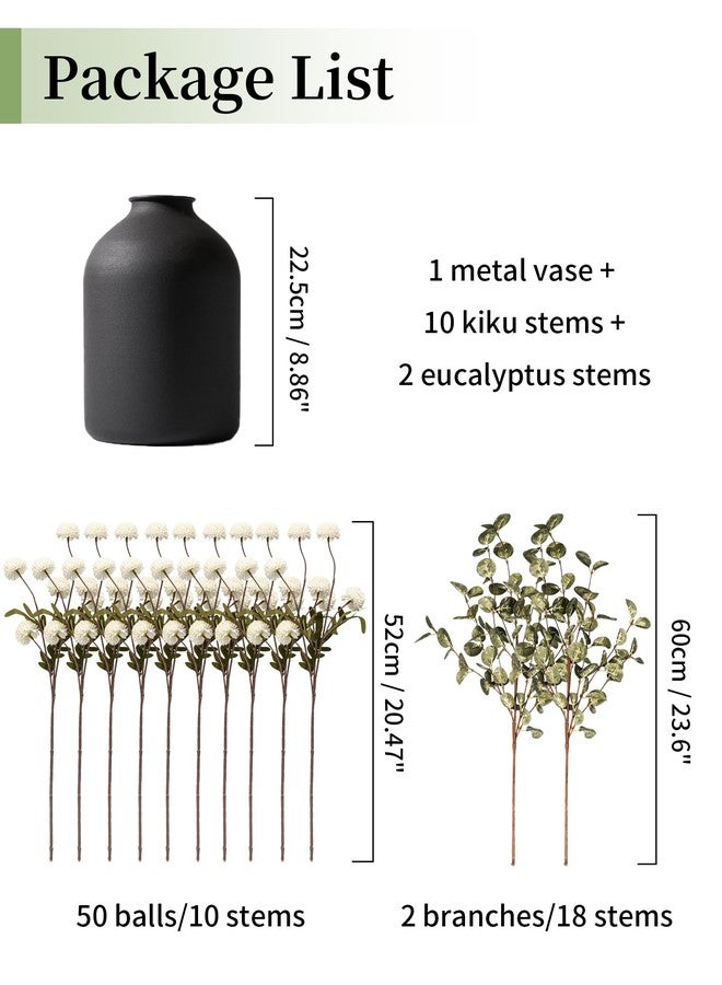 BLOSMON Fake Flowers in Vase for Centerpieces: Metal Vase with 12 Stems of Artificial Kiku Flowers Eucalyptuses Home Table Decor - White Faux Pom Poms Floral Arrangements for Living Room - Image 2