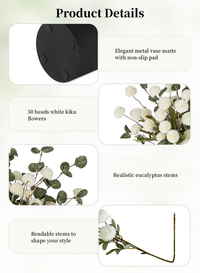 BLOSMON Fake Flowers in Vase for Centerpieces: Metal Vase with 12 Stems of Artificial Kiku Flowers Eucalyptuses Home Table Decor - White Faux Pom Poms Floral Arrangements for Living Room - Image 4