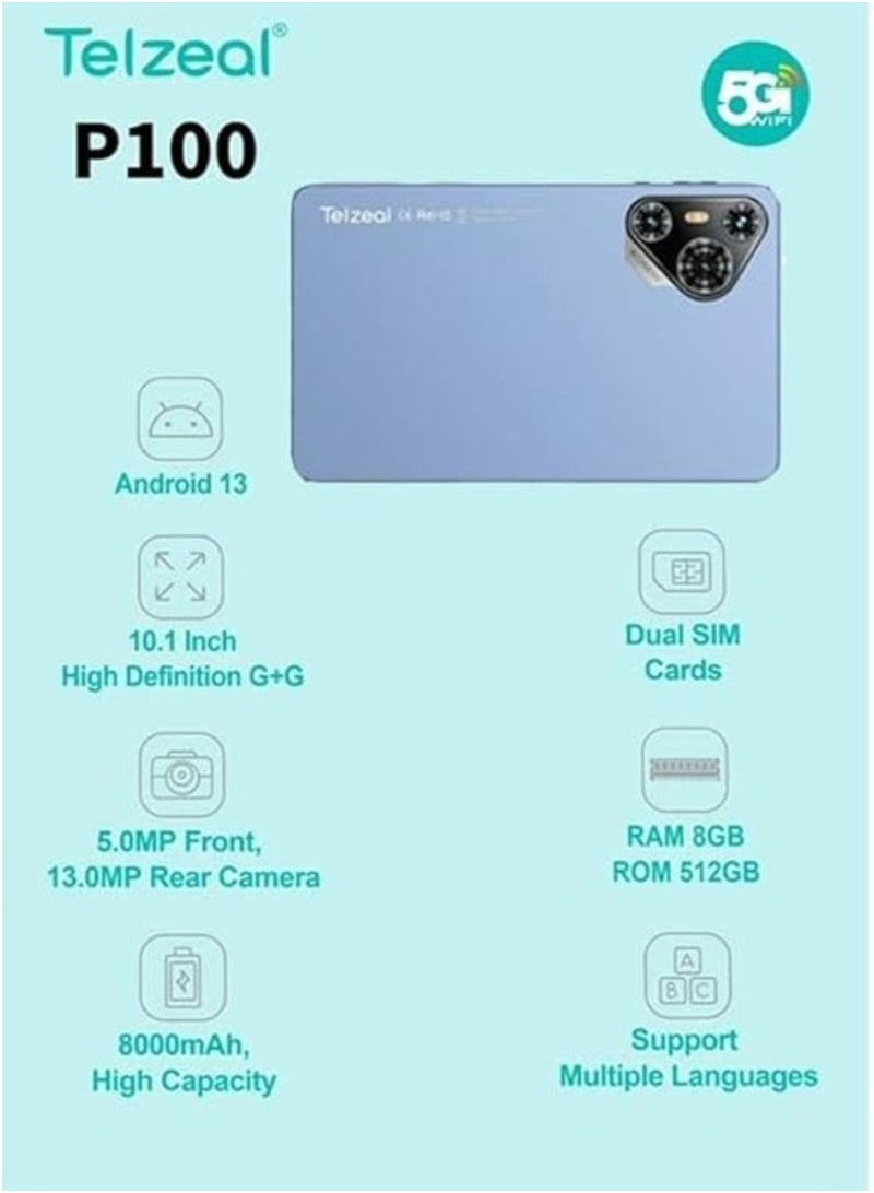 Telzeal P100 Android 13 Tablet – 10.1-Inch HD Display, 8GB RAM + 512GB Storage, Dual SIM + 5G WiFi Support, Octa-Core Processor, 8000mAh Battery, Includes Wireless Keyboard & Mouse, Front & Rear Cameras – Sleek Blue Design for Office, Study, and Travel - Image 4