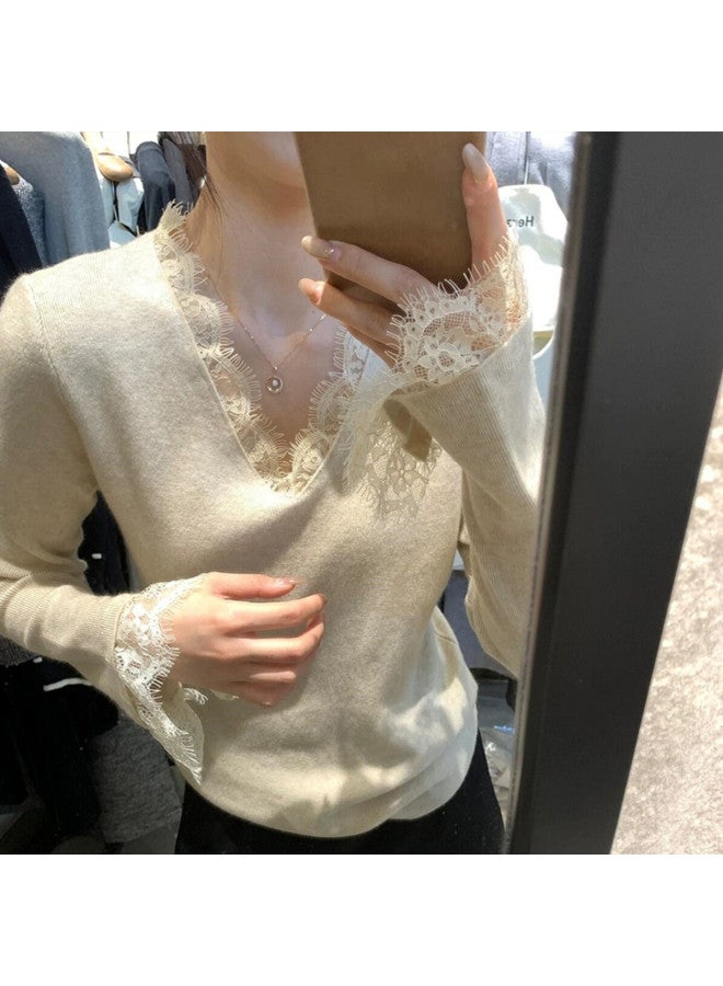 PLANDOO Exquisite French-Style Lace V-Neck Base Shirt For Women, Autumn/Winter Bell Sleeve Top, High-End Knitted Sweater For Layering - Image 2
