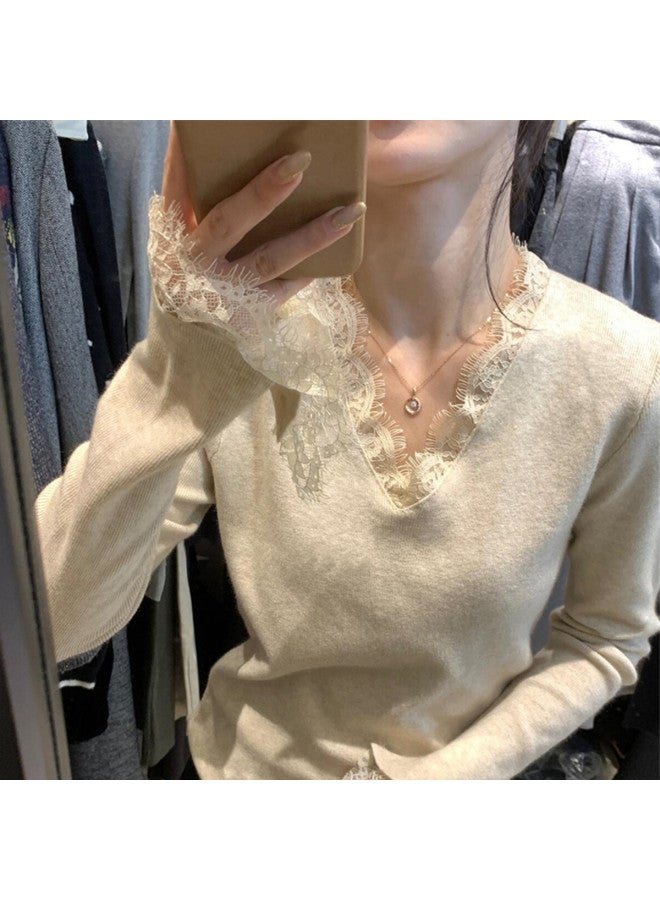 PLANDOO Exquisite French-Style Lace V-Neck Base Shirt For Women, Autumn/Winter Bell Sleeve Top, High-End Knitted Sweater For Layering - Image 4
