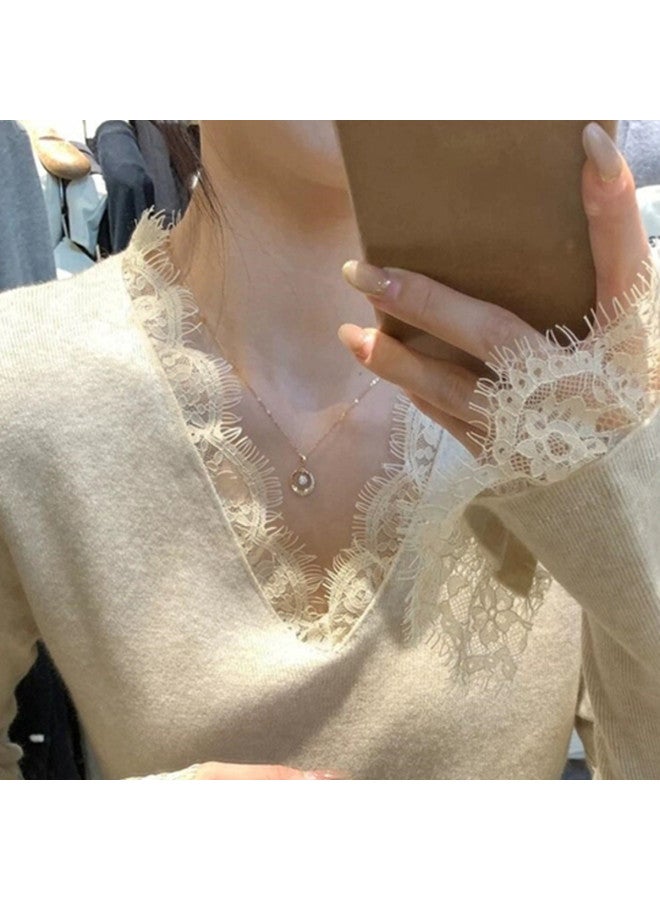 PLANDOO Exquisite French-Style Lace V-Neck Base Shirt For Women, Autumn/Winter Bell Sleeve Top, High-End Knitted Sweater For Layering - Image 3