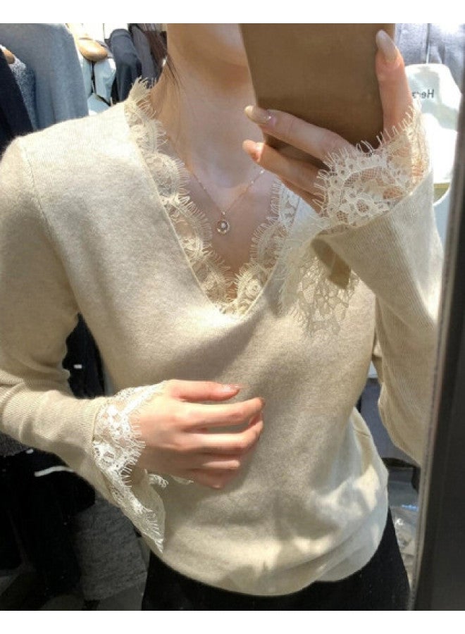 PLANDOO Exquisite French-Style Lace V-Neck Base Shirt For Women, Autumn/Winter Bell Sleeve Top, High-End Knitted Sweater For Layering - Image 1