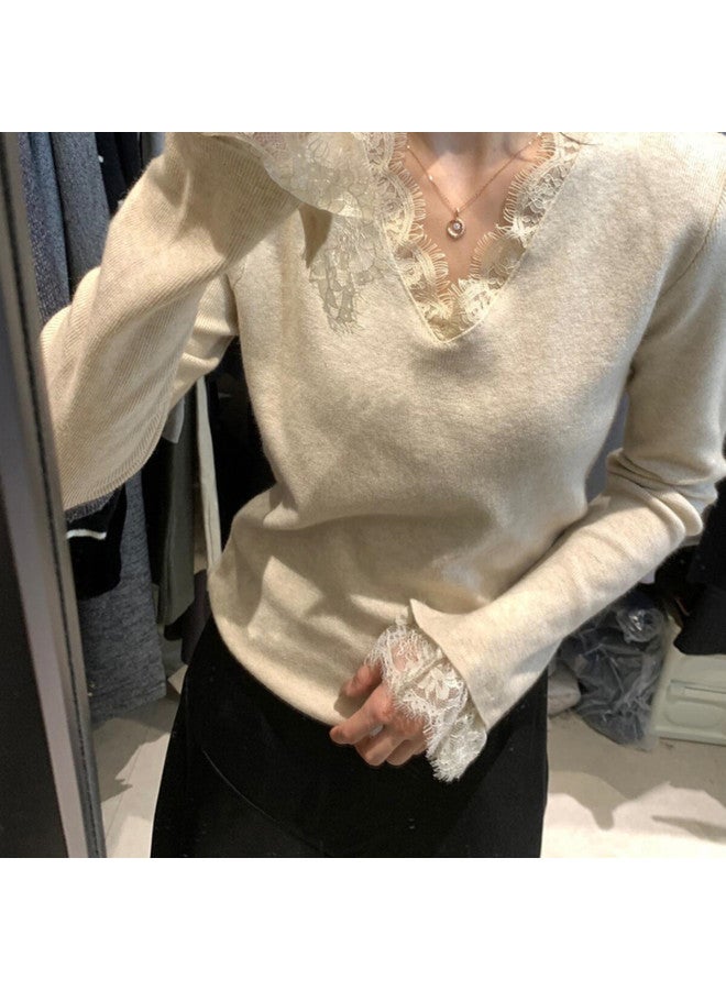 PLANDOO Exquisite French-Style Lace V-Neck Base Shirt For Women, Autumn/Winter Bell Sleeve Top, High-End Knitted Sweater For Layering - Image 5