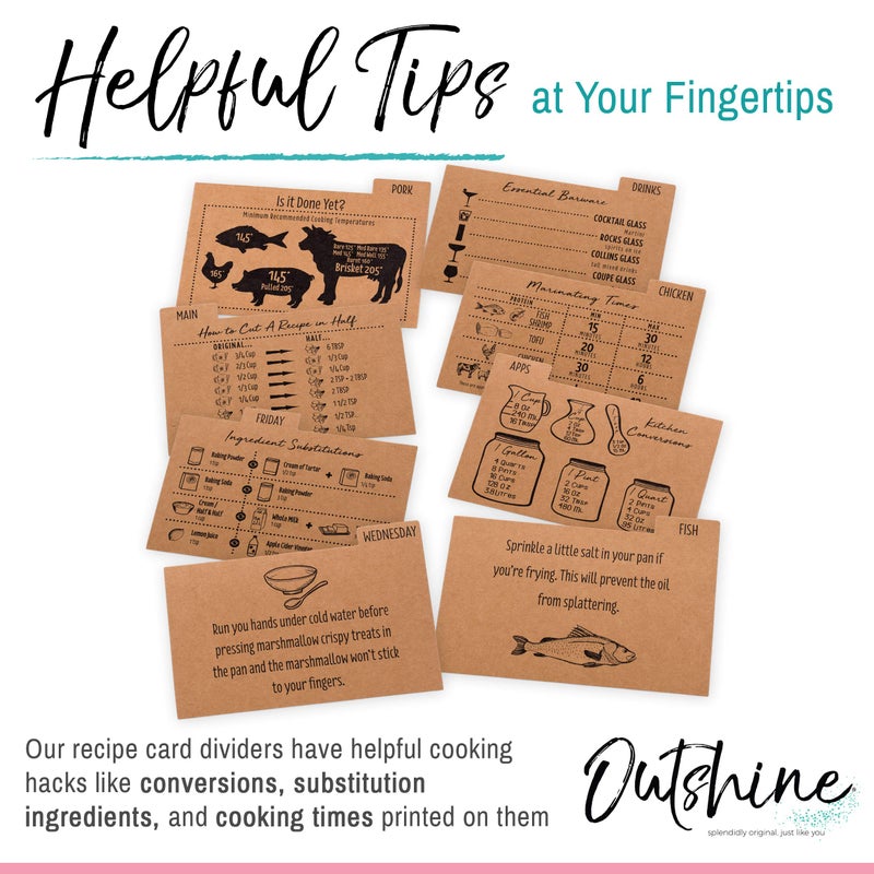 OUTSHINE Premium Kraft Recipe Cards Dividers 4x6 with Tabs (Set of 24) | Recipe Box Dividers Made of Thick Cardstock | Includes 28 Adhesive Labels and Printed Cooking Tips | Best Kitchen Gift - Image 4