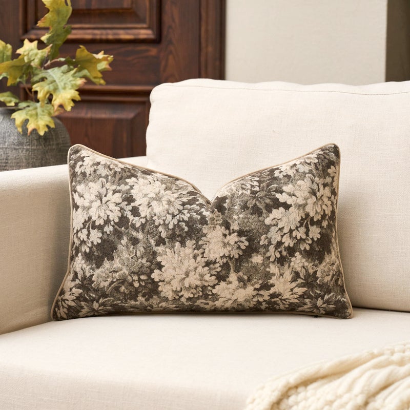 Yangest Neutral Floral Pillow Cover 12 x 20 Inches, Vintage Chenille Rectangle Throw Pillow Cover Soft Decorative Farmhouse Accent Couch Pillow Cover for Living Room Bedroom, Grey - Image 1