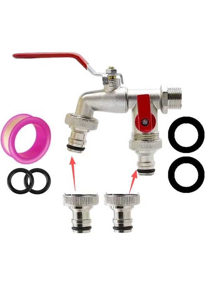 إيليلي صنبور حديقة، صمام إغلاق مزدوج 1 في 2 مخرج، صنبور مياه خارجي مقاوم للحرارة ومضاد للتجمد مصنوع من النحاس مع واجهة حلمة وشريط PTFE، صنبور خرطوم حديقة للري الخارجي - Image 1