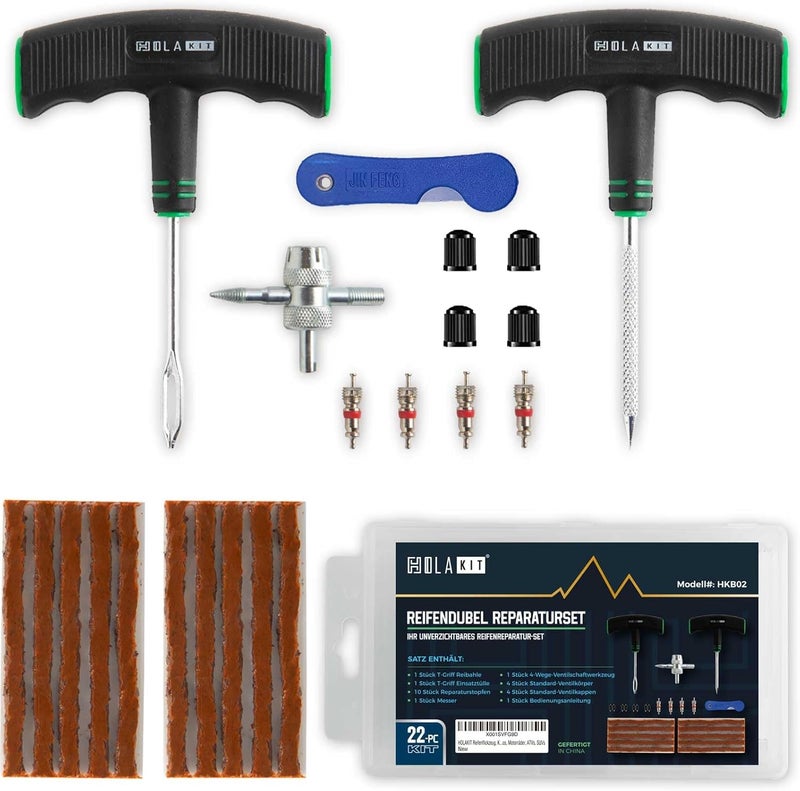HolaKit Tyre Repair Kit, Compact 22 Piece Tyre Repair Kit with Rubber Plug, Improved T-Handle, Essential Puncture Repair Tools for Cars, Motorcycles, ATVs, SUVs - Image 1