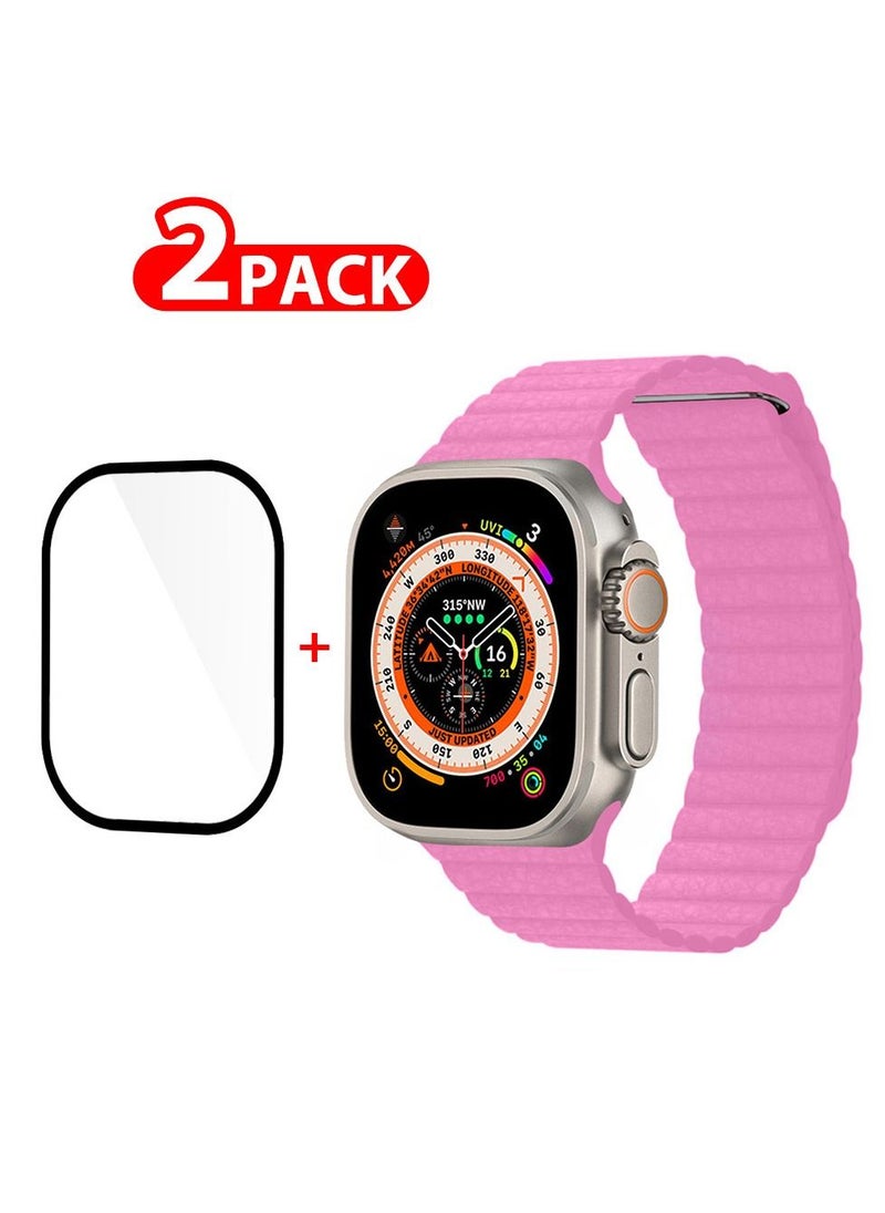 CATANES 2 Packs For Apple Watch Band 49mm Leather Loop Band Magnetic Watch Strap Wristband and 3D Screen Protector Pink  - Image 1