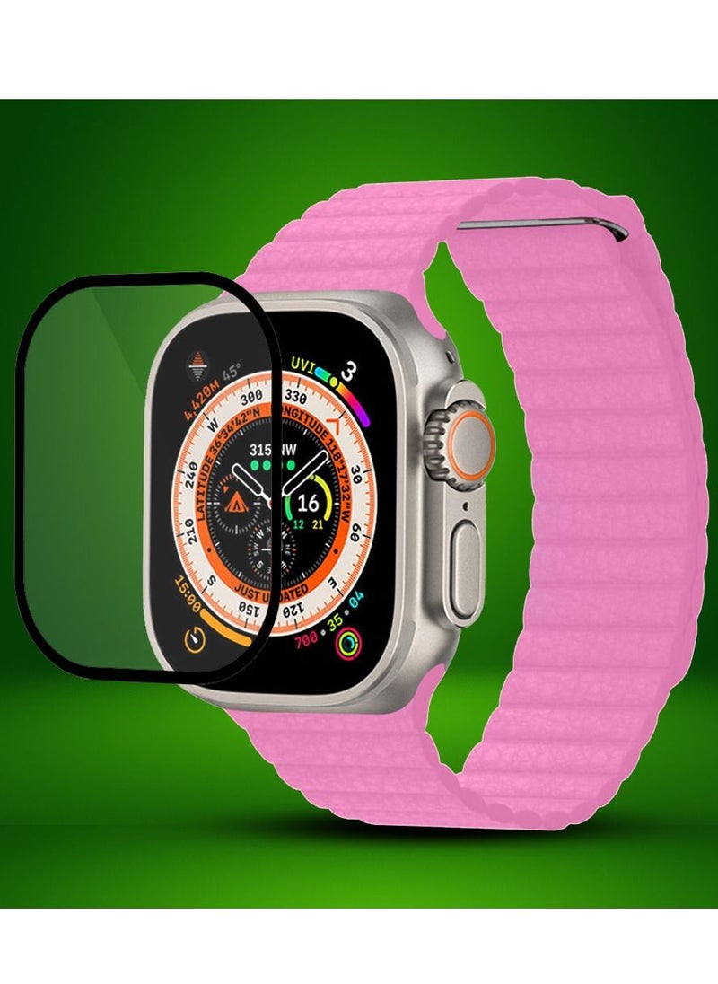 CATANES 2 Packs For Apple Watch Band 49mm Leather Loop Band Magnetic Watch Strap Wristband and 3D Screen Protector Pink  - Image 2
