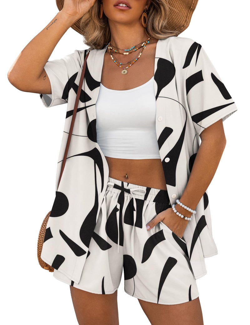REDHOTYPE Womens 2 Piece Outfits Lightweight Button Down Top Casual Shorts Printed Summer Vacation Sets, White 01 Medium - Image 1