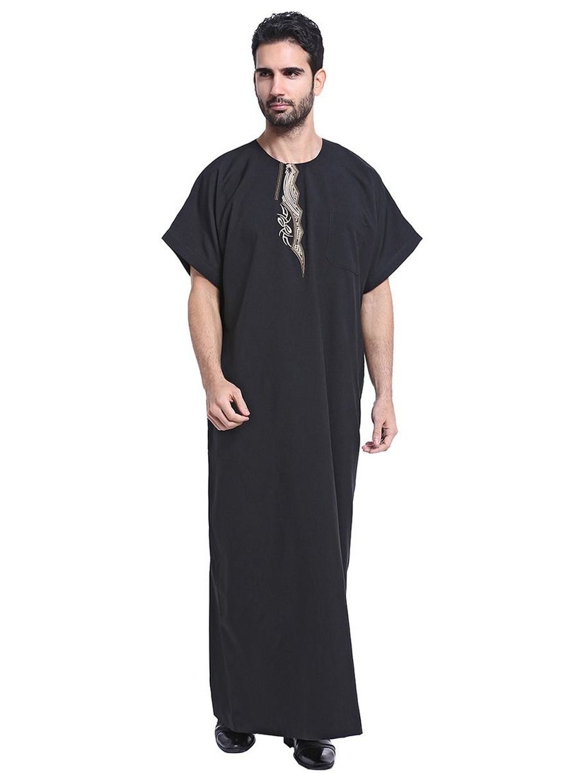 إسكدنيا Men's Short Sleeve Kandora Islamic Arabic Kaftan Robe Black  - Image 1