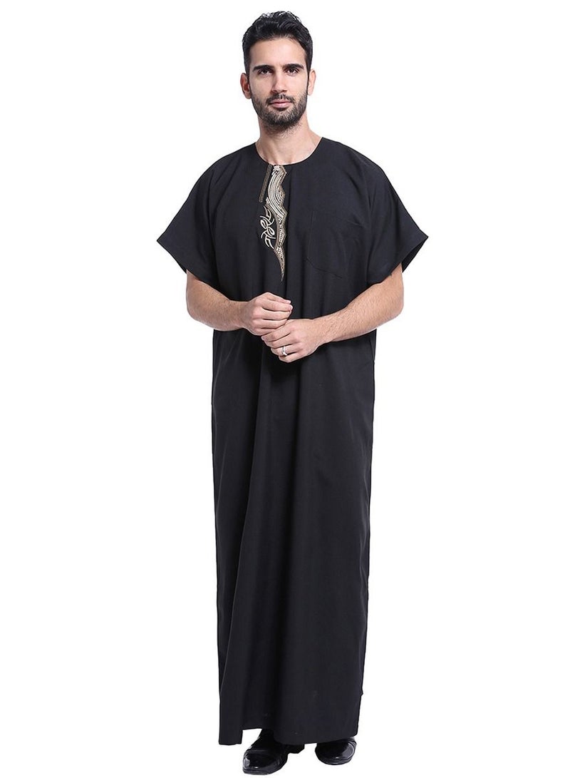 إسكدنيا Men's Short Sleeve Kandora Islamic Arabic Kaftan Robe Black  - Image 2