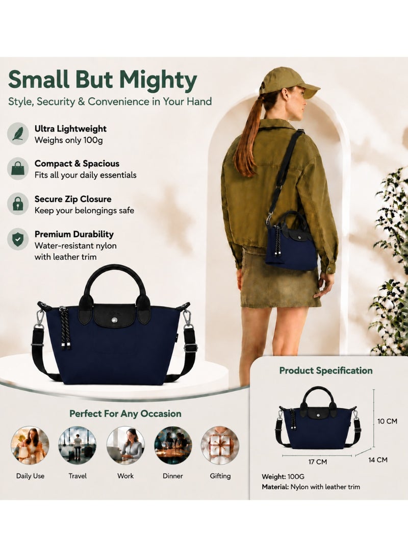 Energy Series Mini Dumpling Handbag, Nylon & Genuine Leather Trim, Navy/Black, Crossbody/Shoulder Bag - Image 2