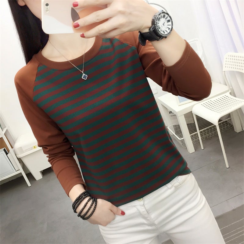 Plus Size Loose Cotton Long-Sleeved T-Shirt Women'S Spring Base Shirt Stitching T-Shirt All-Match Striped Top Clothes - Image 4