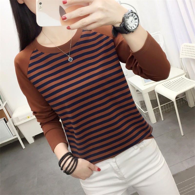 Plus Size Loose Cotton Long-Sleeved T-Shirt Women'S Spring Base Shirt Stitching T-Shirt All-Match Striped Top Clothes - Image 3