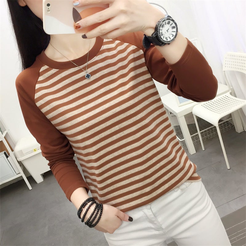 Plus Size Loose Cotton Long-Sleeved T-Shirt Women'S Spring Base Shirt Stitching T-Shirt All-Match Striped Top Clothes - Image 5