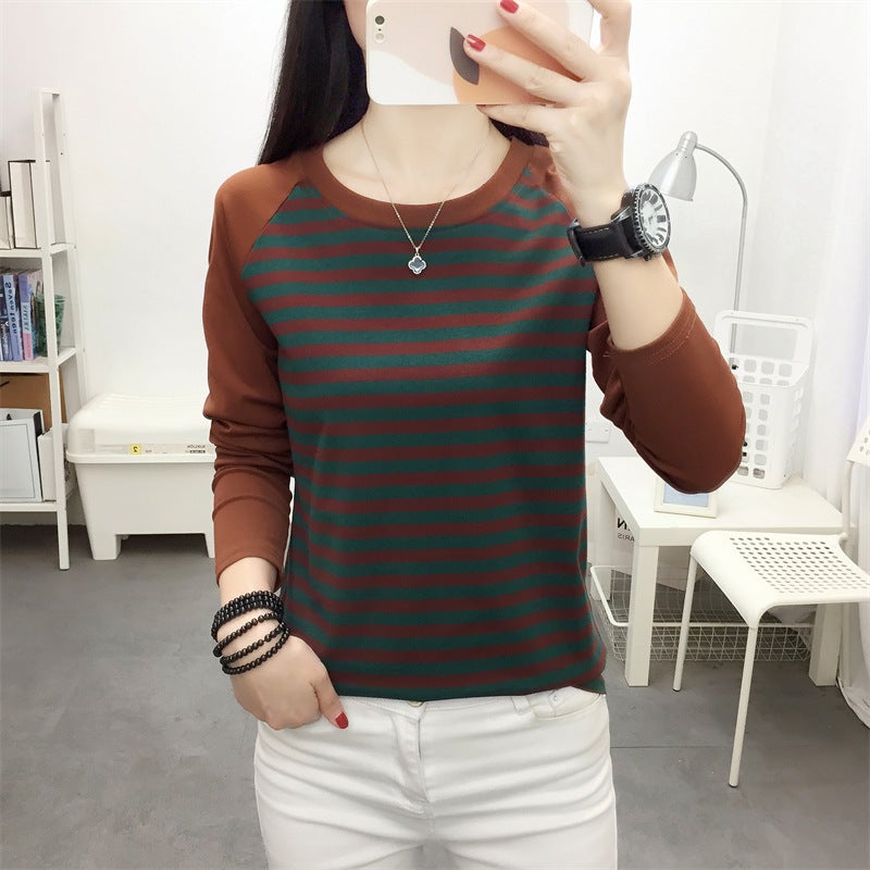 Plus Size Loose Cotton Long-Sleeved T-Shirt Women'S Spring Base Shirt Stitching T-Shirt All-Match Striped Top Clothes - Image 1
