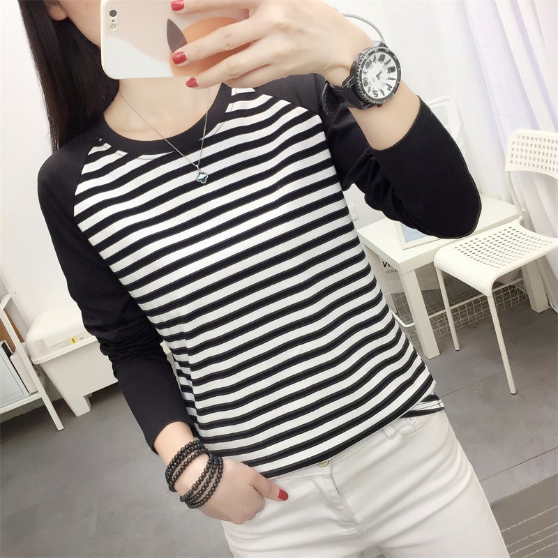 Plus Size Loose Cotton Long-Sleeved T-Shirt Women'S Spring Base Shirt Stitching T-Shirt All-Match Striped Top Clothes - Image 2