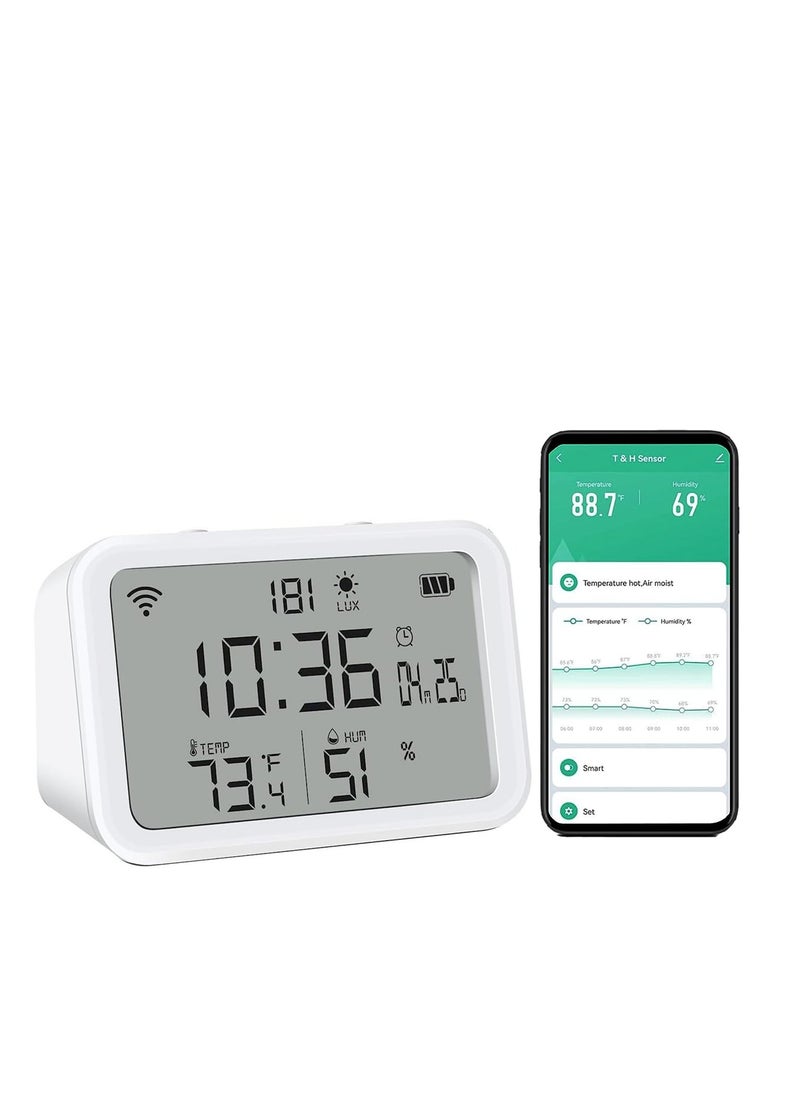 SYOSI WiFi Smart Thermometer Hygrometer, 4 in 1 Thermometer Hygrometer Sensor, Meter for Baby Home in Indoor Thermomete, APP Notification Reminder Clock, Smart Alert, Supports Alexa Google Assistant  - Image 1
