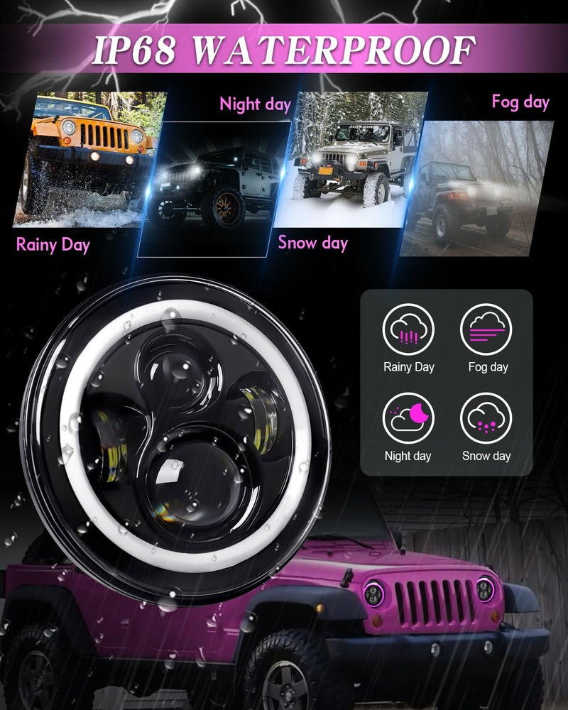 ZIMABLUE 7 inch Led Headlights Round Pink Purple Halo led H6024 Headlight With Hi/Lo Beam DRL Amber Turn Signal Compatible With Jeep Wrangler JK TJ CJ LJ Compatible With Chevy Ford GMC Dodge&Mazda ect - Image 5