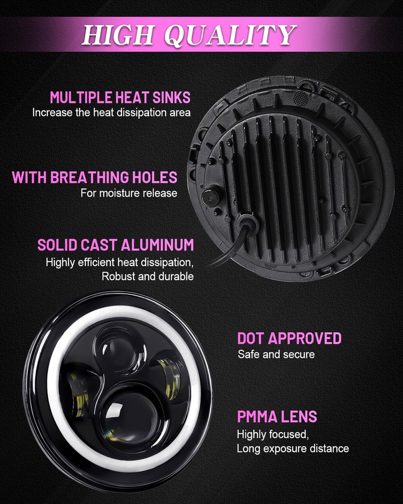 ZIMABLUE 7 inch Led Headlights Round Pink Purple Halo led H6024 Headlight With Hi/Lo Beam DRL Amber Turn Signal Compatible With Jeep Wrangler JK TJ CJ LJ Compatible With Chevy Ford GMC Dodge&Mazda ect - Image 4